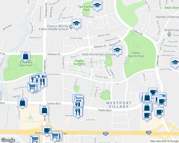 map of restaurants, bars, coffee shops, grocery stores, and more near 4592 Mirano Court in Dublin