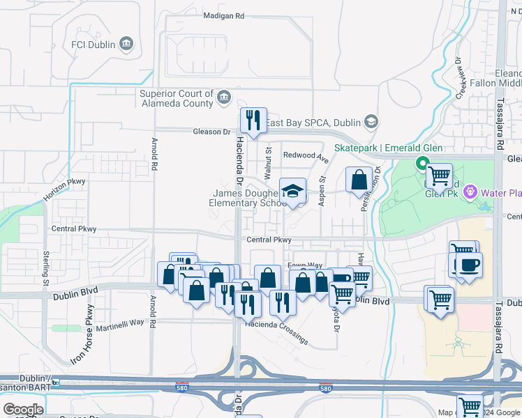 map of restaurants, bars, coffee shops, grocery stores, and more near 5050 Hacienda Drive in Dublin