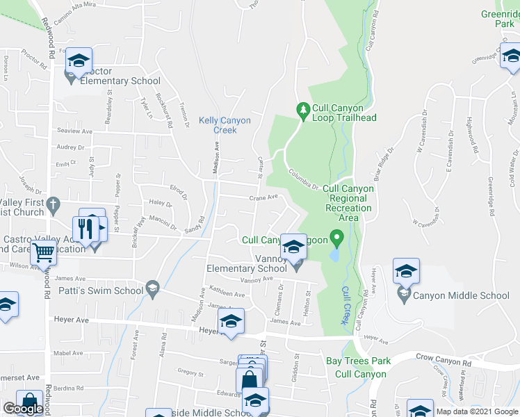 map of restaurants, bars, coffee shops, grocery stores, and more near 18674 Center Street in Castro Valley