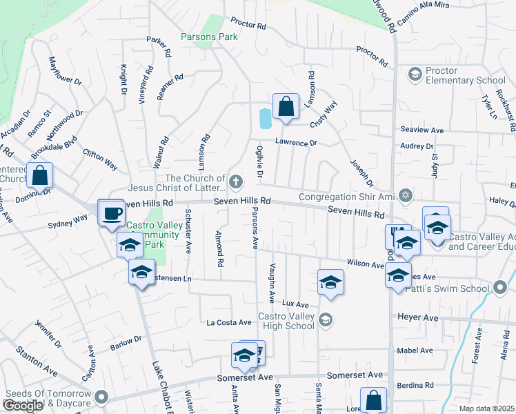 map of restaurants, bars, coffee shops, grocery stores, and more near 18816 Parsons Avenue in Castro Valley