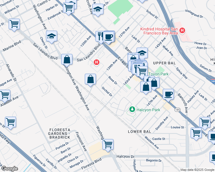 map of restaurants, bars, coffee shops, grocery stores, and more near 14221 Ivy Court in San Leandro