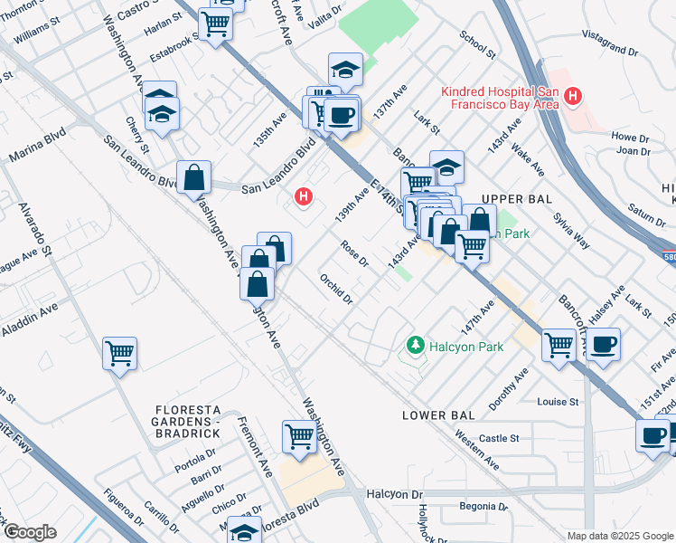 map of restaurants, bars, coffee shops, grocery stores, and more near 14221 Ivy Court in San Leandro