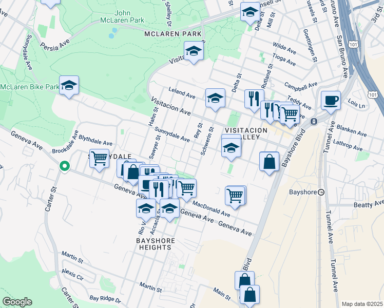 map of restaurants, bars, coffee shops, grocery stores, and more near 19 Towerside in San Francisco
