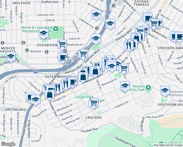 map of restaurants, bars, coffee shops, grocery stores, and more near 35 Laura Street in San Francisco