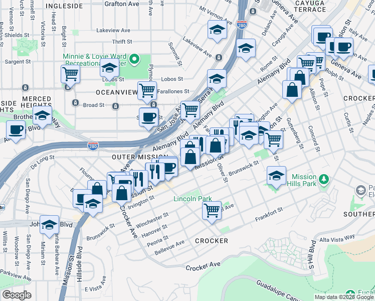 map of restaurants, bars, coffee shops, grocery stores, and more near 930 Huron Avenue in San Francisco