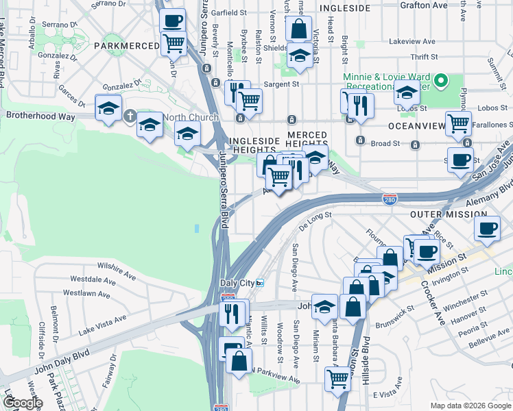 map of restaurants, bars, coffee shops, grocery stores, and more near 223 Saint Charles Avenue in San Francisco