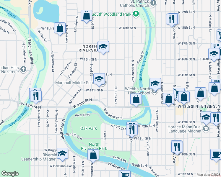 map of restaurants, bars, coffee shops, grocery stores, and more near 1024 West 14th Street North in Wichita