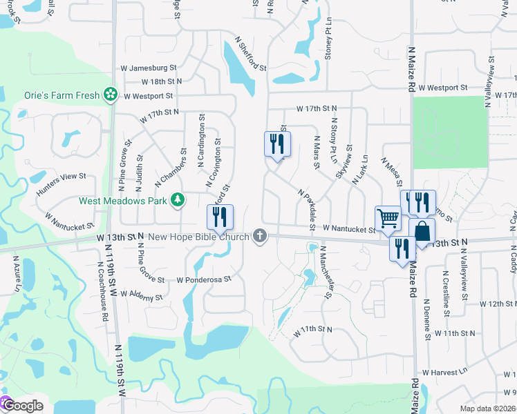 map of restaurants, bars, coffee shops, grocery stores, and more near 1422 North Rutgers Street in Wichita