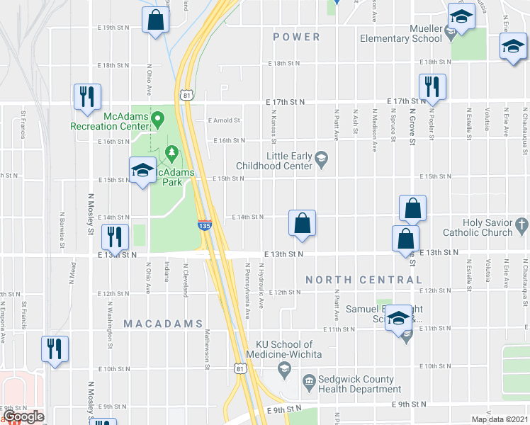 map of restaurants, bars, coffee shops, grocery stores, and more near 1502 North Hydraulic Avenue in Wichita