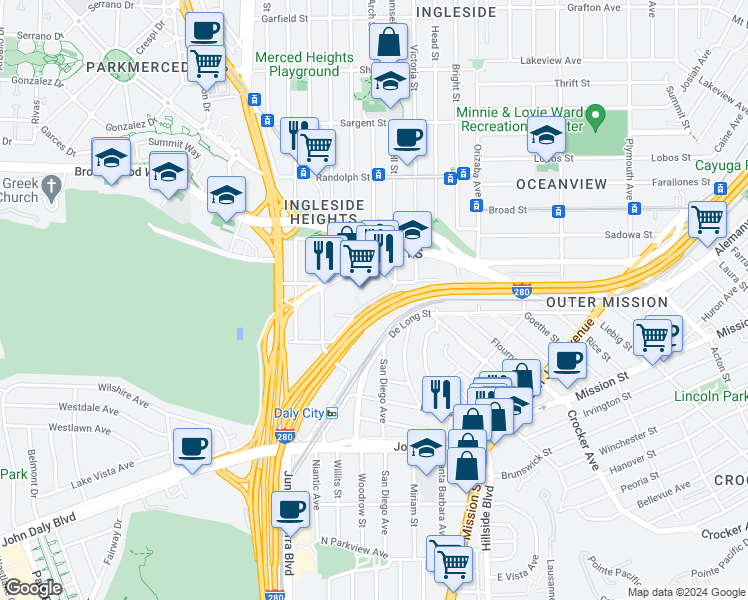 map of restaurants, bars, coffee shops, grocery stores, and more near Ocean View Terrace in San Francisco
