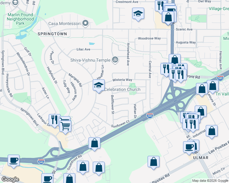 map of restaurants, bars, coffee shops, grocery stores, and more near 5308 Hillflower Drive in Livermore