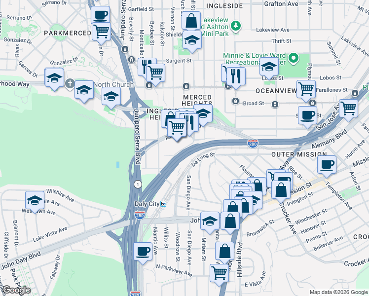 map of restaurants, bars, coffee shops, grocery stores, and more near Oceanview Terrace in San Francisco