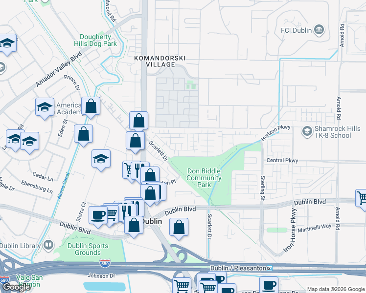 map of restaurants, bars, coffee shops, grocery stores, and more near 6167 Raven Avenue in Dublin