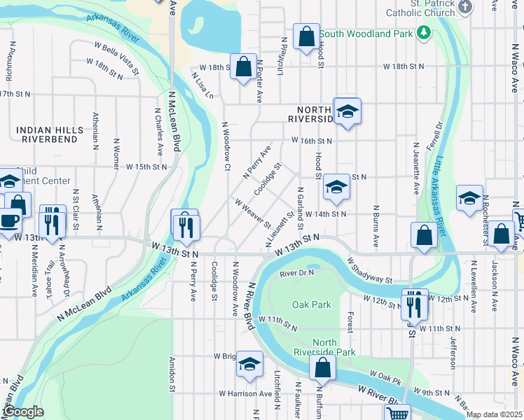 map of restaurants, bars, coffee shops, grocery stores, and more near 1475 Woodrow Street in Wichita