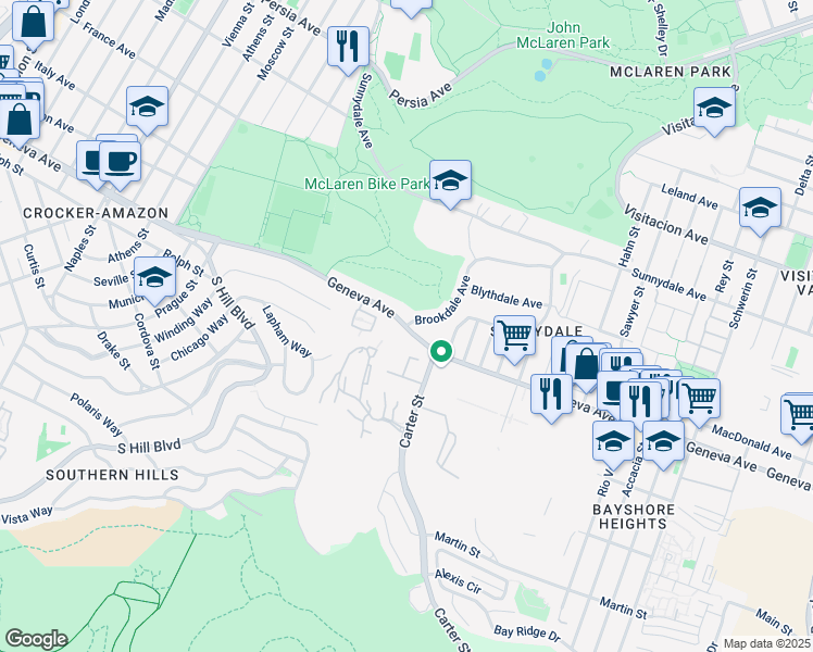 map of restaurants, bars, coffee shops, grocery stores, and more near Geneva Ave & Brookdale Ave in San Francisco