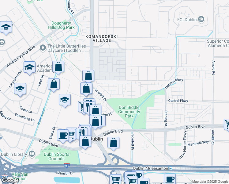map of restaurants, bars, coffee shops, grocery stores, and more near 6185 Raven Avenue in Dublin