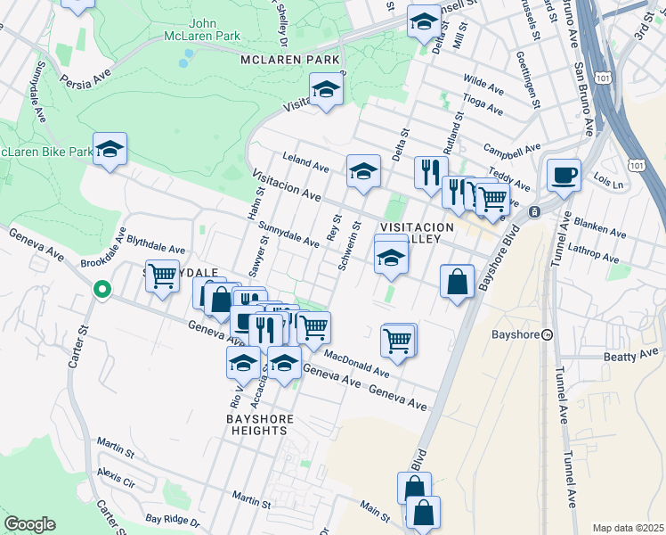 map of restaurants, bars, coffee shops, grocery stores, and more near 19 Towerside in San Francisco