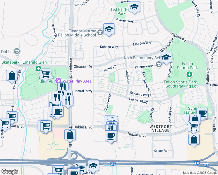 map of restaurants, bars, coffee shops, grocery stores, and more near 4621 Rimini Court in Dublin