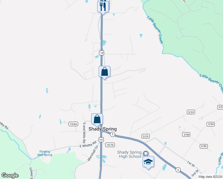 map of restaurants, bars, coffee shops, grocery stores, and more near 122 Perry Ln in Shady Spring