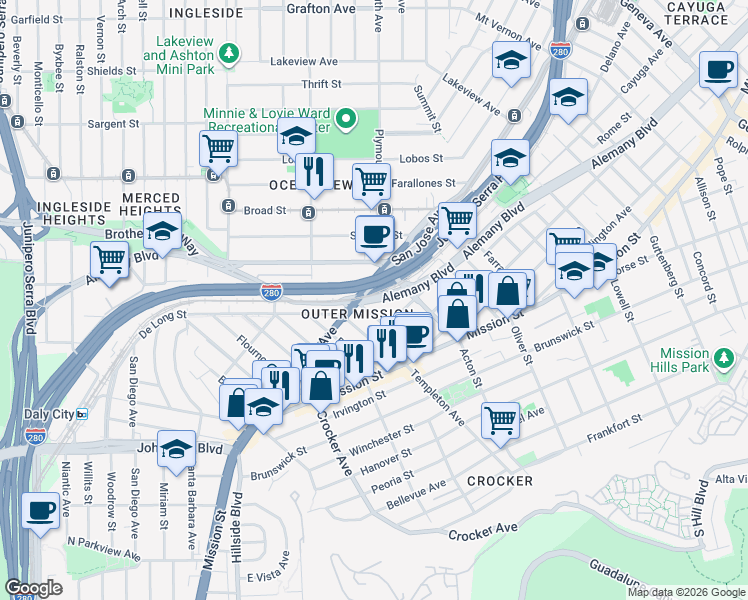 map of restaurants, bars, coffee shops, grocery stores, and more near 3159 Alemany Boulevard in San Francisco