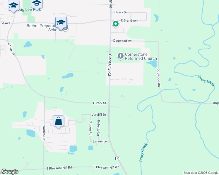 map of restaurants, bars, coffee shops, grocery stores, and more near County Road 12 in Carbondale