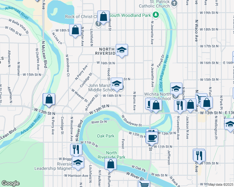 map of restaurants, bars, coffee shops, grocery stores, and more near 1510 Payne Street in Wichita