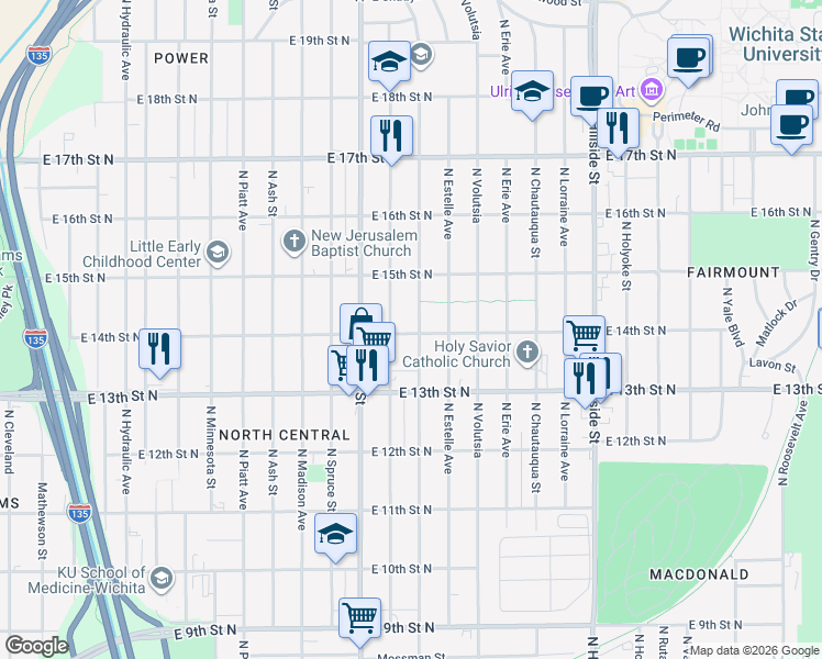 map of restaurants, bars, coffee shops, grocery stores, and more near 2500-2598 E 14th Street North in Wichita