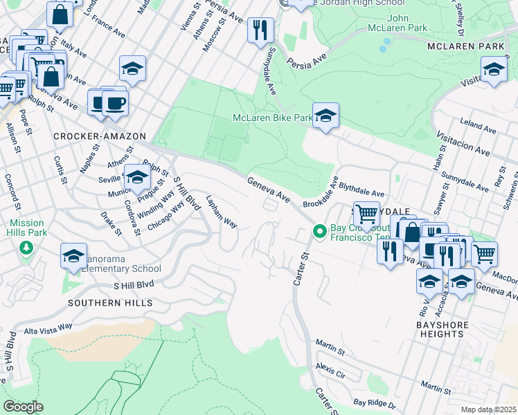map of restaurants, bars, coffee shops, grocery stores, and more near 345 Stoneridge Lane in San Francisco