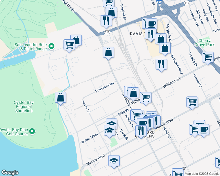 map of restaurants, bars, coffee shops, grocery stores, and more near 2300 Polvorosa Drive in San Leandro