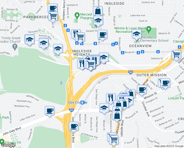 map of restaurants, bars, coffee shops, grocery stores, and more near 8200 Oceanview Terrace in San Francisco