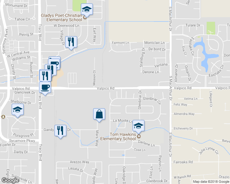 map of restaurants, bars, coffee shops, grocery stores, and more near 2833 Clover Hill Court in Tracy