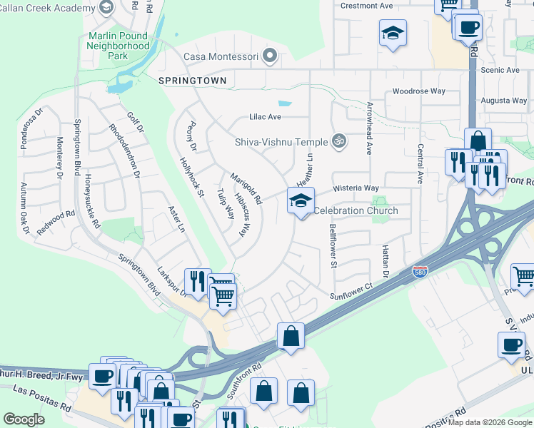 map of restaurants, bars, coffee shops, grocery stores, and more near 1173 Marigold Road in Livermore