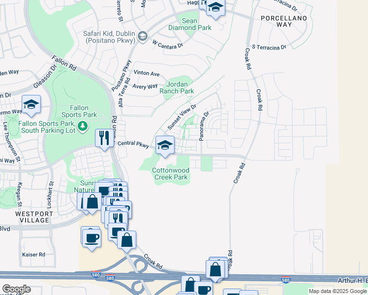 map of restaurants, bars, coffee shops, grocery stores, and more near 2279 Central Parkway in Dublin