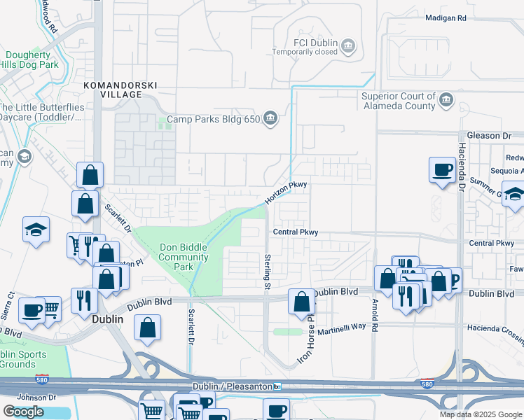 map of restaurants, bars, coffee shops, grocery stores, and more near 5755 Juniper Way in Dublin