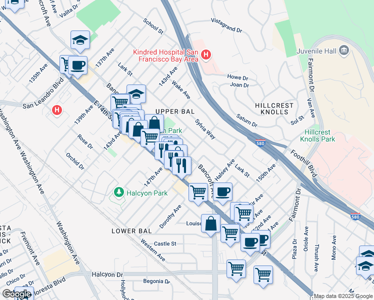map of restaurants, bars, coffee shops, grocery stores, and more near 14757 Bancroft Avenue in San Leandro
