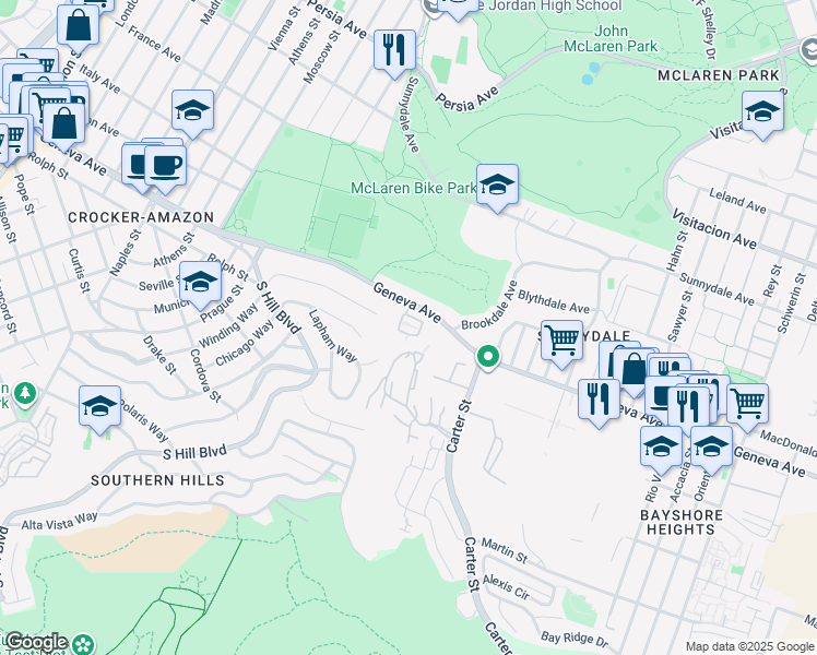 map of restaurants, bars, coffee shops, grocery stores, and more near 345 Stoneridge Lane in San Francisco