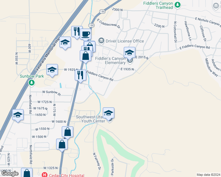 map of restaurants, bars, coffee shops, grocery stores, and more near 1810 North Wedgewood Lane in Cedar City