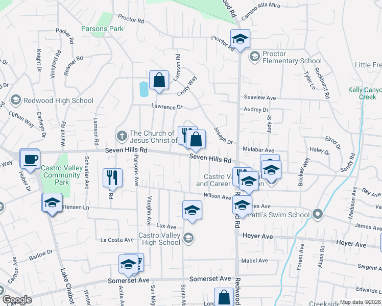 map of restaurants, bars, coffee shops, grocery stores, and more near 4257 Seven Hills Road in Castro Valley
