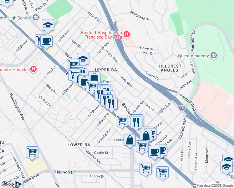 map of restaurants, bars, coffee shops, grocery stores, and more near 1544 148th Avenue in San Leandro