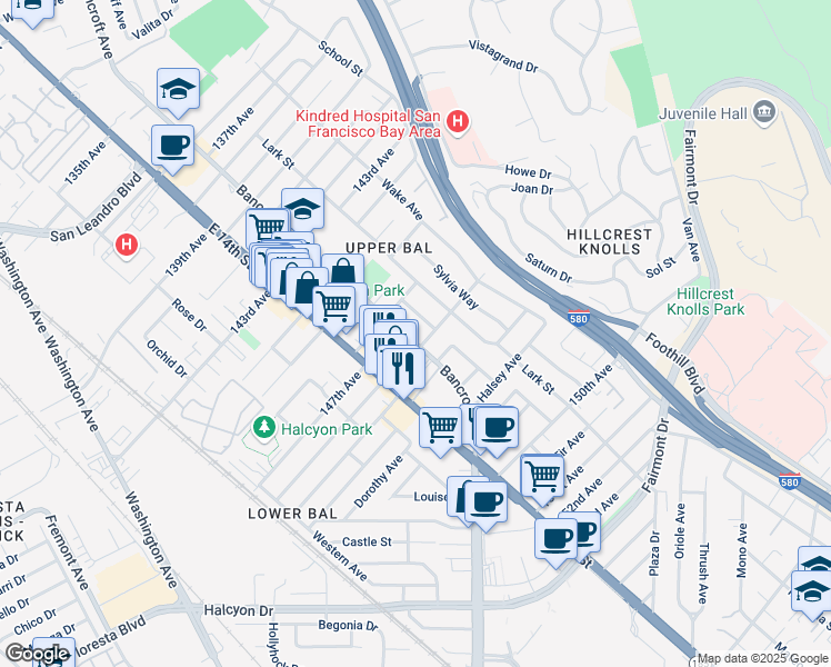 map of restaurants, bars, coffee shops, grocery stores, and more near 14757 Bancroft Avenue in San Leandro