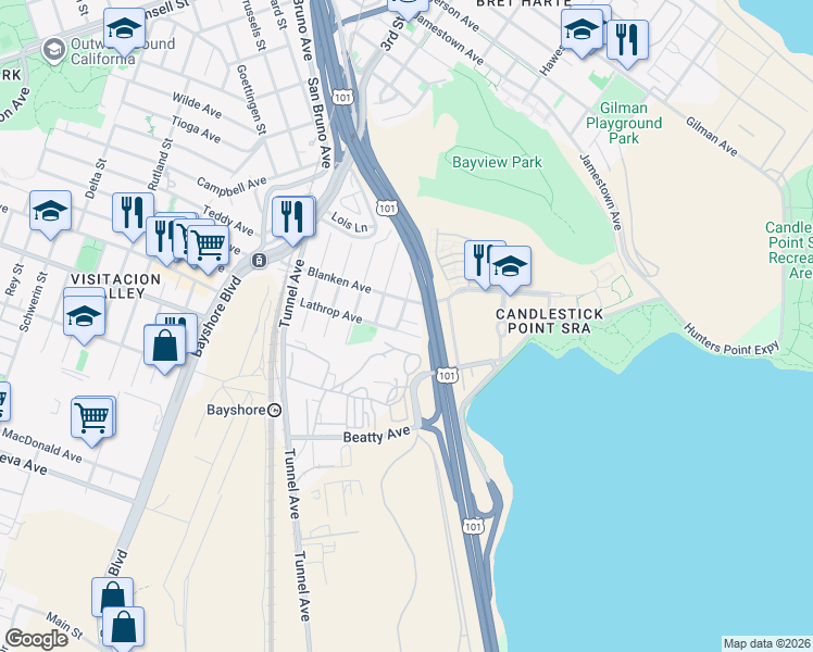 map of restaurants, bars, coffee shops, grocery stores, and more near 539 Lathrop Avenue in San Francisco