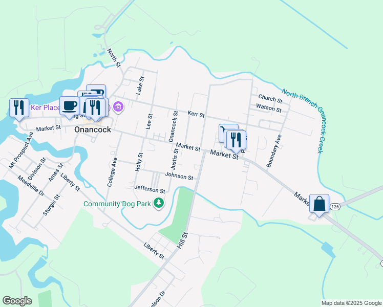 map of restaurants, bars, coffee shops, grocery stores, and more near 102 Market Street in Onancock