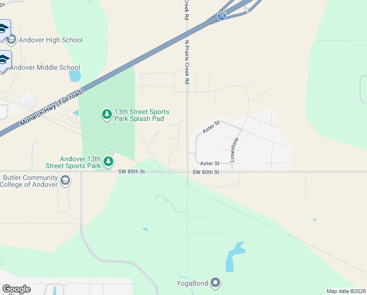map of restaurants, bars, coffee shops, grocery stores, and more near 1109-1113 N Prairie Creek Rd in Andover