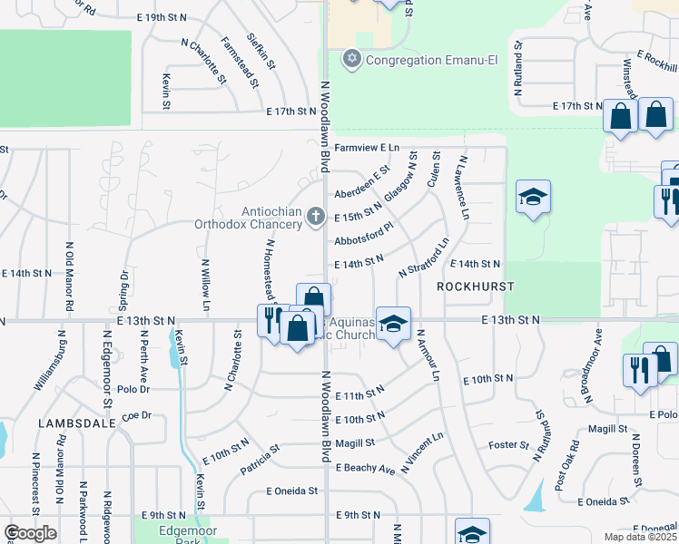 map of restaurants, bars, coffee shops, grocery stores, and more near 6417 East 14th Street North in Wichita
