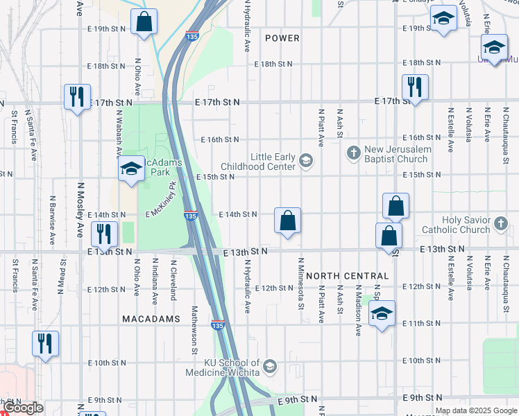 map of restaurants, bars, coffee shops, grocery stores, and more near 1502 North Hydraulic Avenue in Wichita