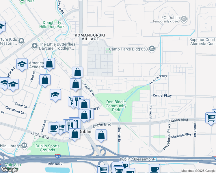 map of restaurants, bars, coffee shops, grocery stores, and more near 6212 Skyline Street in Dublin