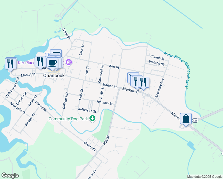 map of restaurants, bars, coffee shops, grocery stores, and more near 102 Market Street in Onancock