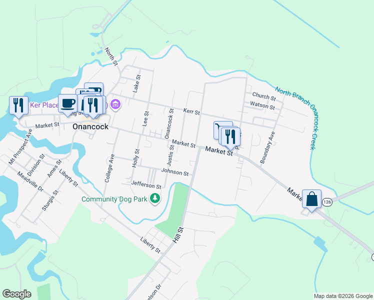 map of restaurants, bars, coffee shops, grocery stores, and more near 102 Market Street in Onancock