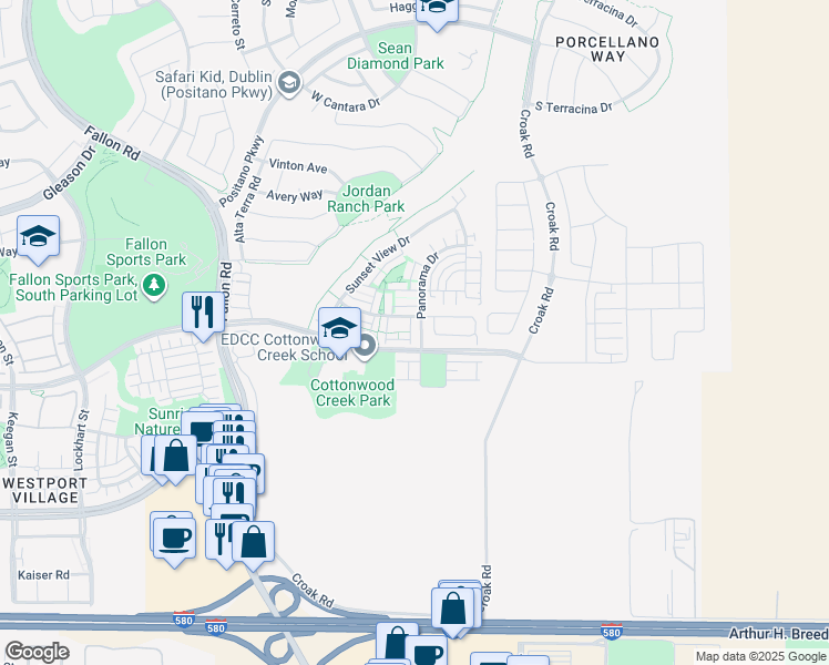 map of restaurants, bars, coffee shops, grocery stores, and more near 4118 Panorama Drive in Dublin
