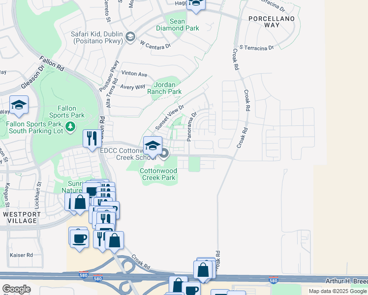 map of restaurants, bars, coffee shops, grocery stores, and more near Meadow Vista Road in Dublin